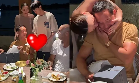 Hồ Ngọc Hà mừng sinh nhật Kim Lý, Subeo âm thầm xuất hiện phía sau, món đồ cậu cầm trên tay khiến bố dượng xúc động