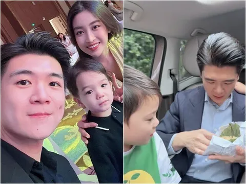 Anh chồng Phó TGĐ Ngân hàng của Đỗ Mỹ Linh đưa hai con đi học, 3 bố con ăn chung gói xôi, tiết kiệm mà tình cảm