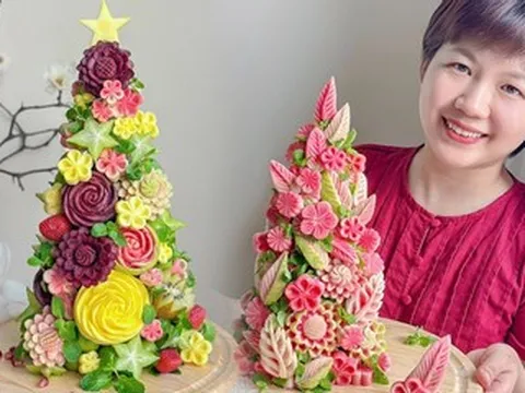 Mẹ đảm làm cây thông Noel từ hoa quả, thịt nguội, rau xà lách đẹp mê mẩn