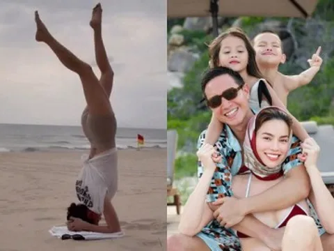 Hồ Ngọc Hà tranh thủ luyện động tác yoga "khó nhằn" khi đưa con đi biển