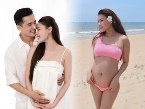 Thuý Diễm diện bikini gợi cảm khoe bụng bầu vượt mặt, Lương Thế Thành nói một câu chuẩn "ông chồng quốc dân"