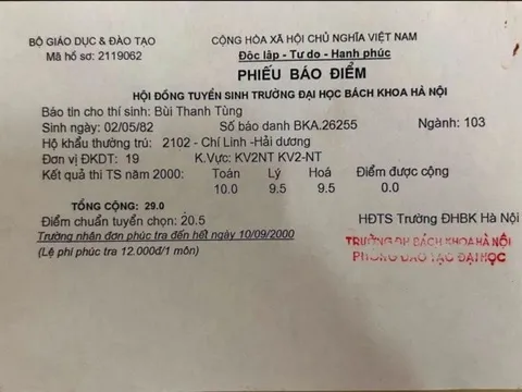 Giấy báo điểm 29/30 ĐH Bách khoa năm 2000 gây sốt