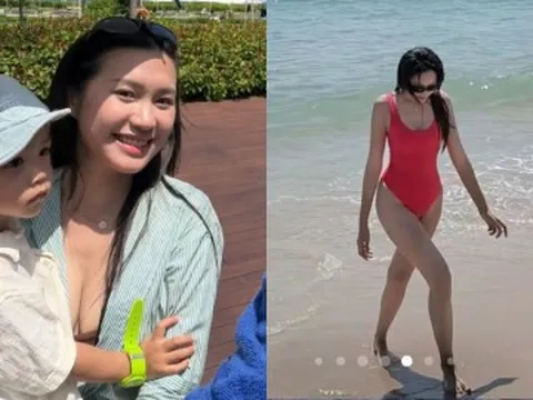 Tiểu thư Hà thành cùng chồng cầu thủ 1m87 đưa con trai đi biển, mẹ diện bikini đẹp nõn nà, bố khéo chăm con